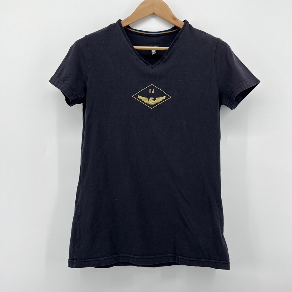 Armani Jeans AJ V-Neck Short Sleeve T-Shirt Women's Medium Black Eagle Logo Tee